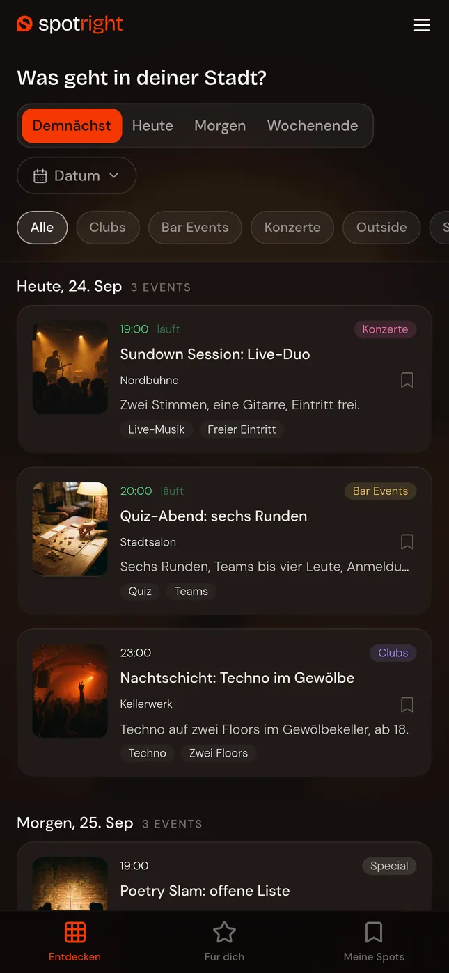 Die App zeigt die Termine von heute, zwei davon laufen gerade