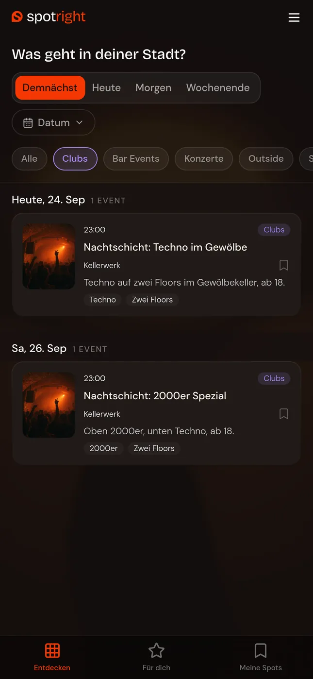 Die Liste in der App, gefiltert auf Clubs